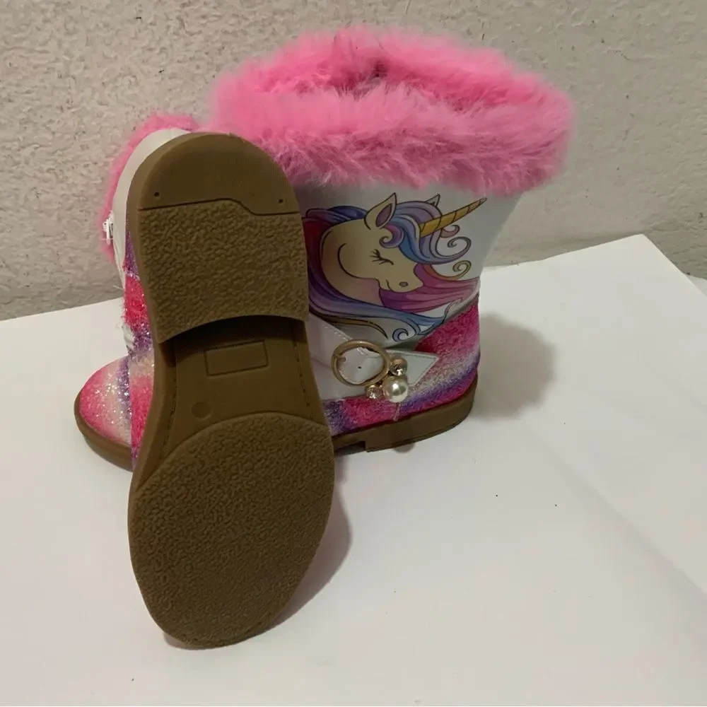 Girls Unicorn Glitter Boots with Faux Fur Trim By Liv and Mia 4Y